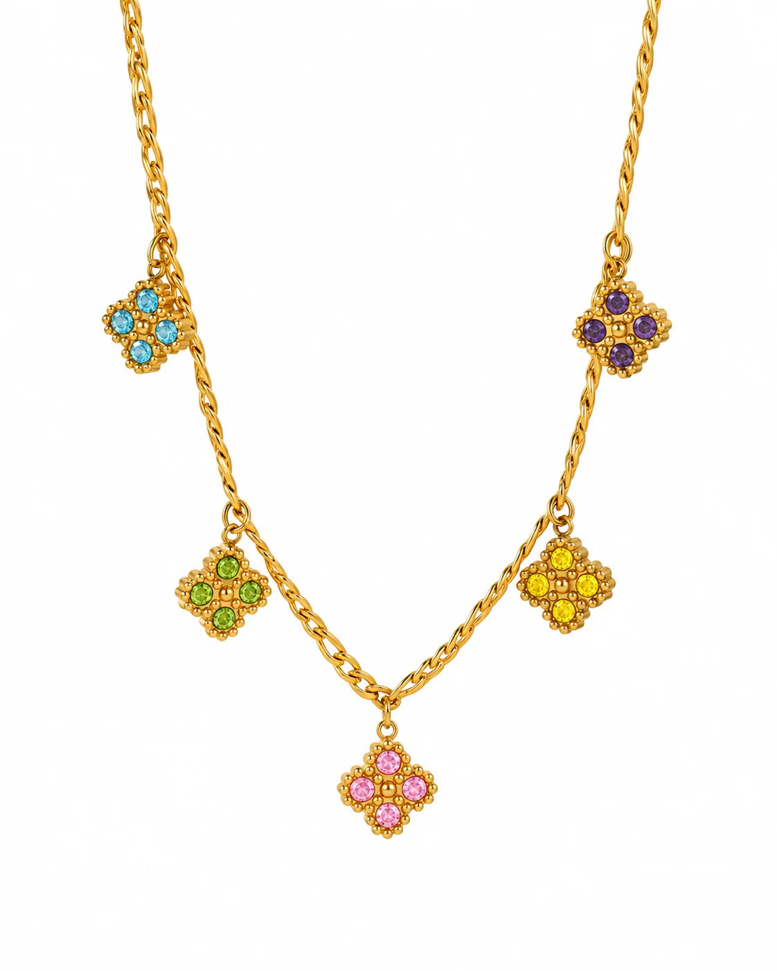 Goldene Livia Kleeblattkette mit fünf bunten Zirkonia-Anhängern in Blau, Violett, Grün, Gelb und Rosa auf weißem Hintergrund