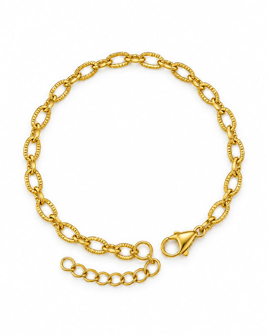 Goldfarbenes Livia Gliederarmband aus 18K-vergoldetem Edelstahl mit Karabinerverschluss und Verlängerungskette, 17 + 5 cm