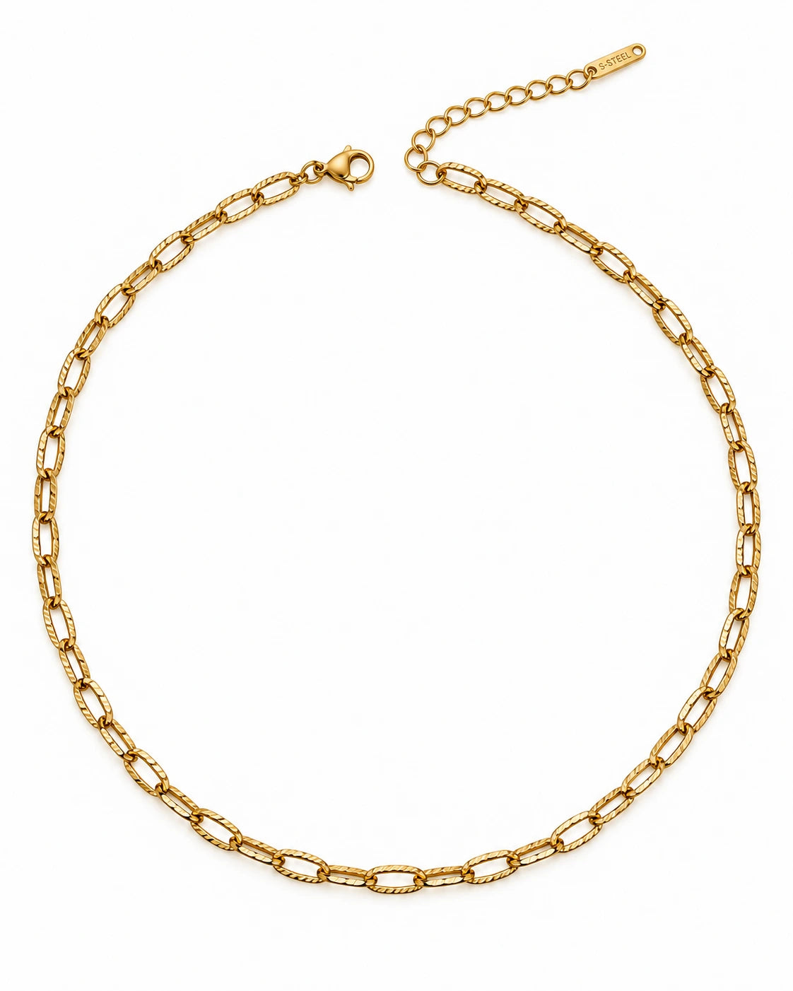 Goldene Livia Gliederkette aus 18K-vergoldetem Edelstahl mit länglichen strukturierten Gliedern und Verlängerung auf Weiß
