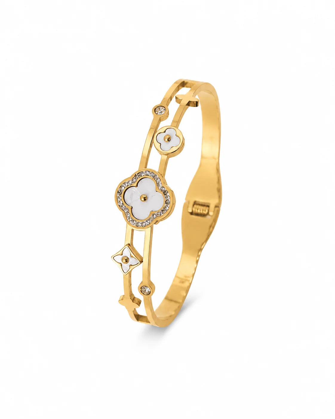 Livia Perlmutt Armreif 18K vergoldet mit weißer Blüte und Zirkonia