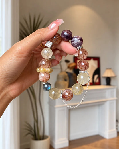 Lunar Veil Kristallarmband mit Amethyst Rutilquarz und Mondstein