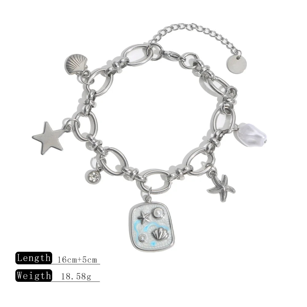 Silbernes Titanstahl-Armband "Marina" mit Meeres-Anhängern (Muschel, Seestern) und Emaille-Plättchen