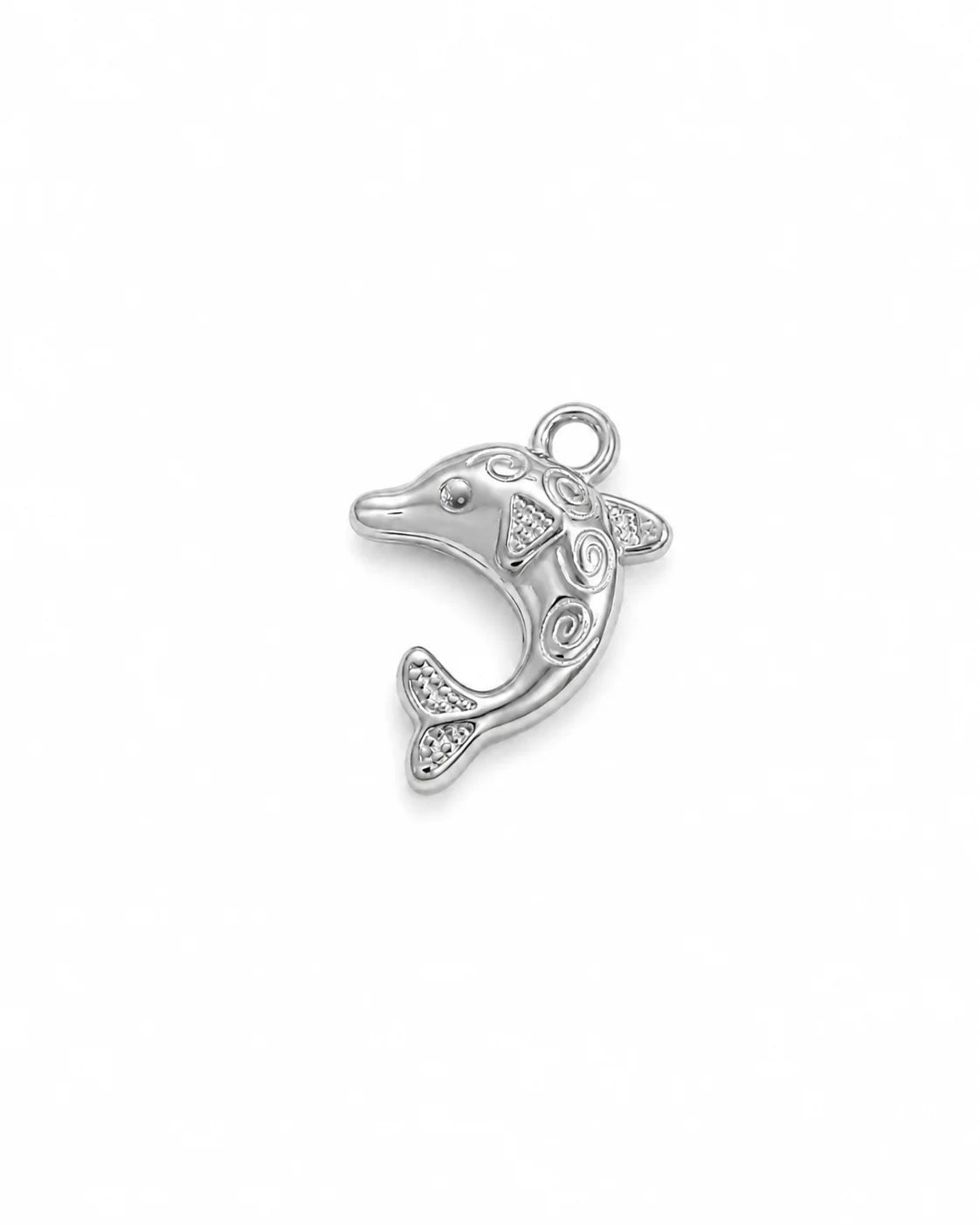 Silberner Anhänger aus reinem Titanstahl in Form eines Delfins, verziert mit geprägten Spiralmustern für personalisierbare Armbänder und Ketten