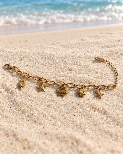 Maritimes Gold Armband aus Edelstahl mit verschiedenen Meeres Charm Anhängern