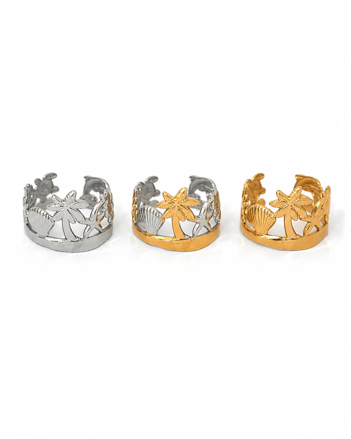 Breiter Maritimer Ozean Ring aus Titanstahl mit aufwendigem Cut-out Strand-Motiv, erhältlich in Gold, Silber und Bicolor