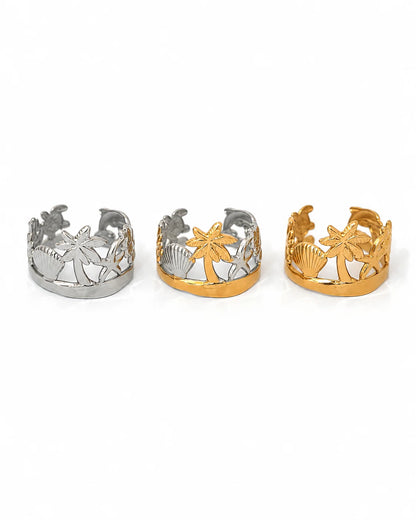 Breiter Maritimer Ozean Ring aus Titanstahl mit aufwendigem Cut-out Strand-Motiv, erhältlich in Gold, Silber und Bicolor