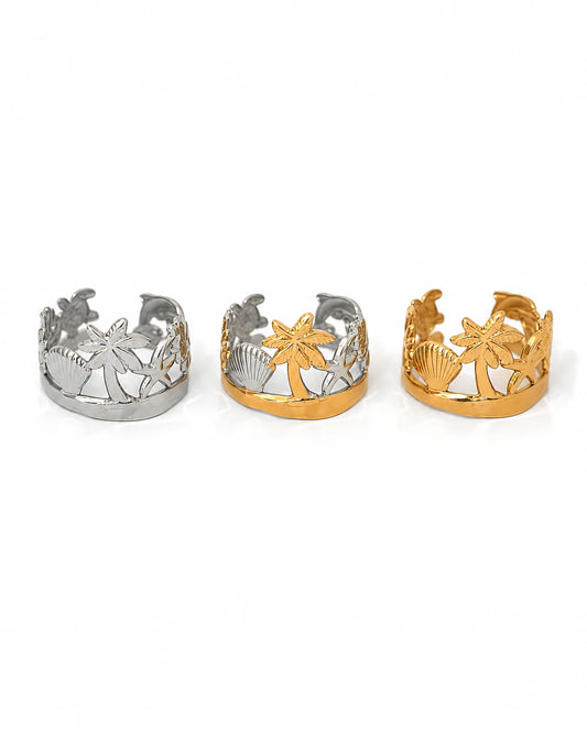 Breiter Maritimer Ozean Ring aus Titanstahl mit aufwendigem Cut-out Strand-Motiv, erhältlich in Gold, Silber und Bicolor
