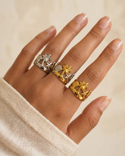 Breiter Maritimer Ozean Ring aus Titanstahl mit aufwendigem Cut-out Strand-Motiv, erhältlich in Gold, Silber und Bicolor