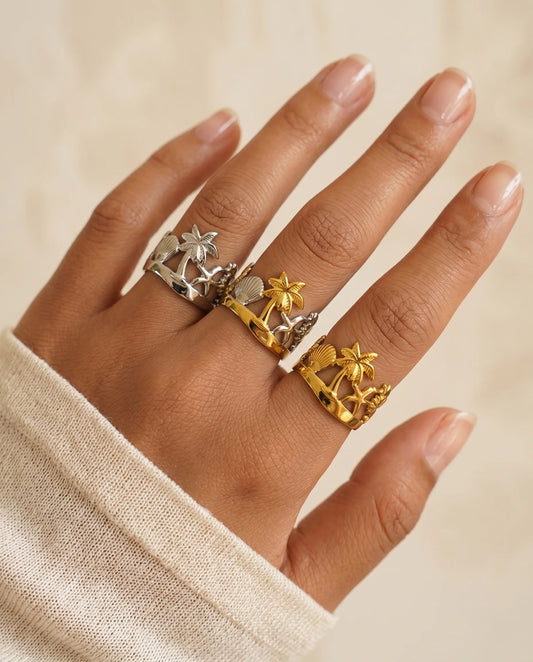 Breiter Maritimer Ozean Ring aus Titanstahl mit aufwendigem Cut-out Strand-Motiv, erhältlich in Gold, Silber und Bicolor