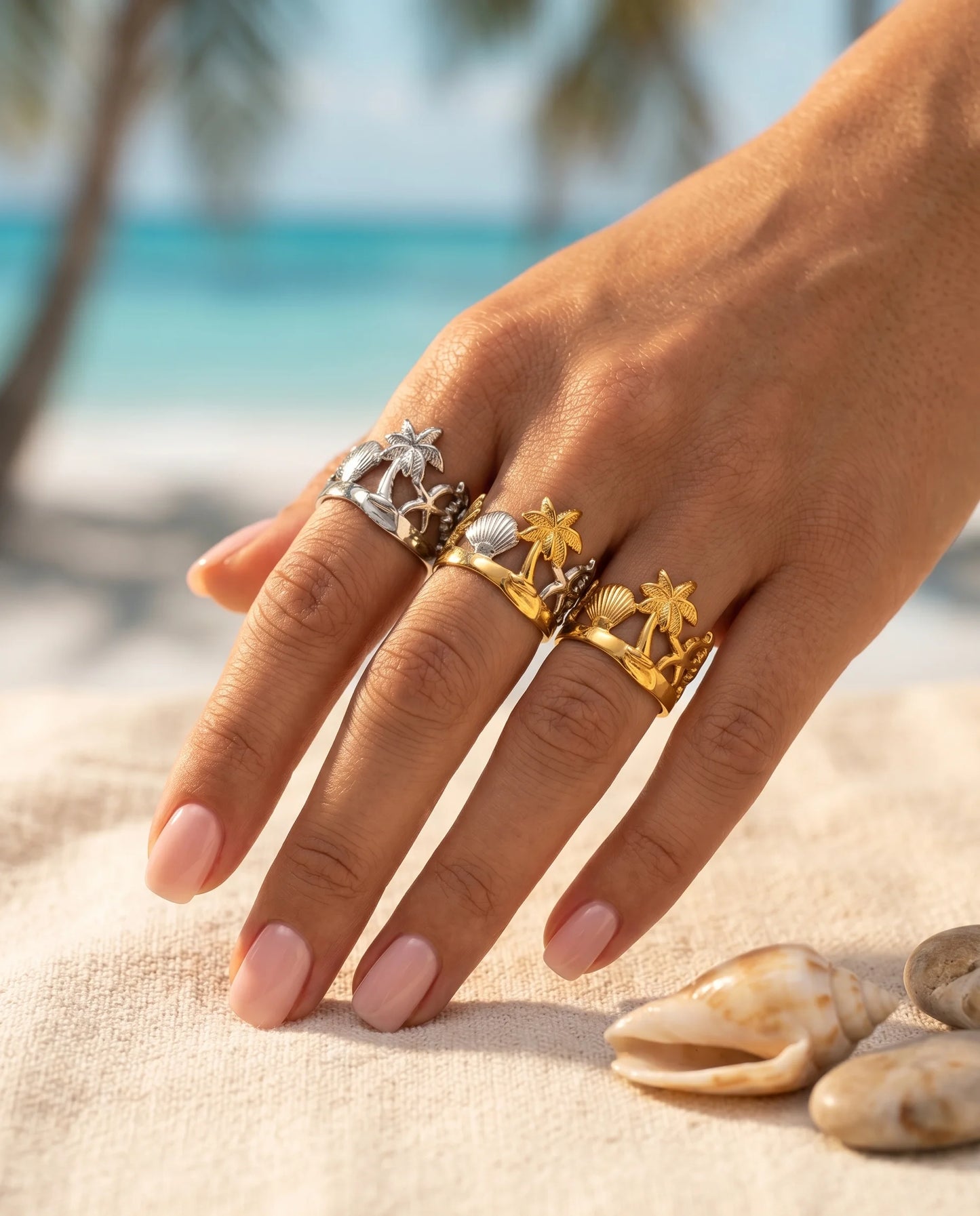 Breiter Maritimer Ozean Ring aus Titanstahl mit aufwendigem Cut-out Strand-Motiv, erhältlich in Gold, Silber und Bicolor