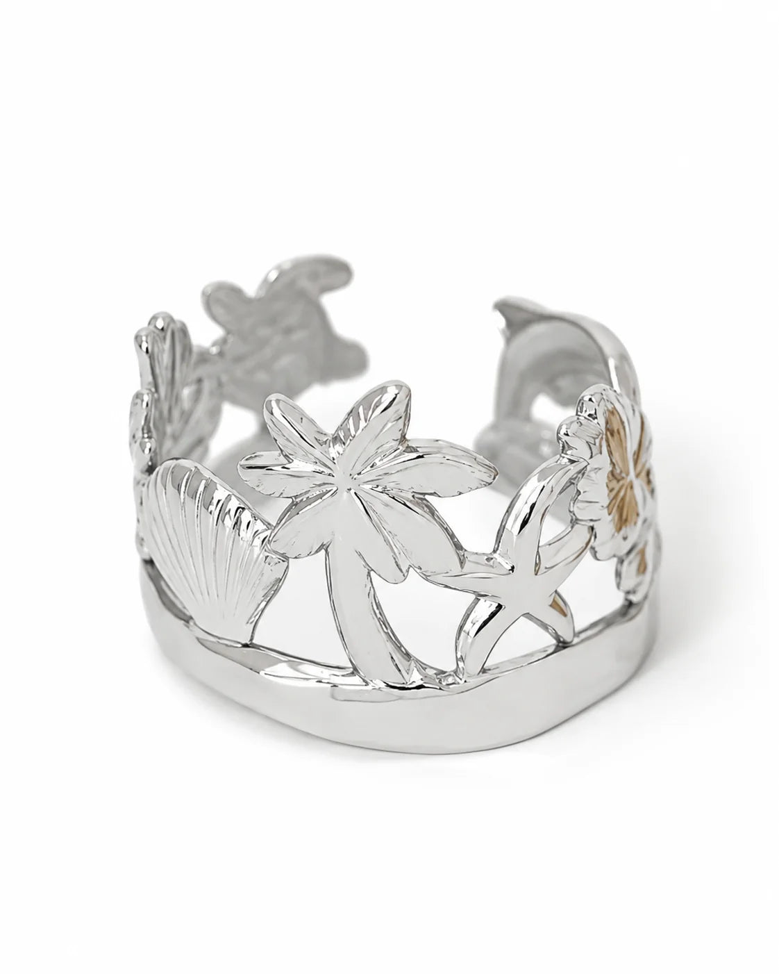 Breiter Maritimer Ozean Ring aus Titanstahl mit aufwendigem Cut-out Strand-Motiv, erhältlich in Gold, Silber und Bicolor