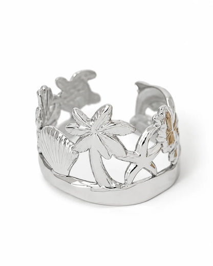 Breiter Maritimer Ozean Ring aus Titanstahl mit aufwendigem Cut-out Strand-Motiv, erhältlich in Gold, Silber und Bicolor