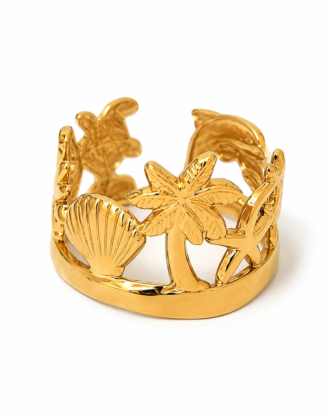 Breiter Maritimer Ozean Ring aus Titanstahl mit aufwendigem Cut-out Strand-Motiv, erhältlich in Gold, Silber und Bicolor