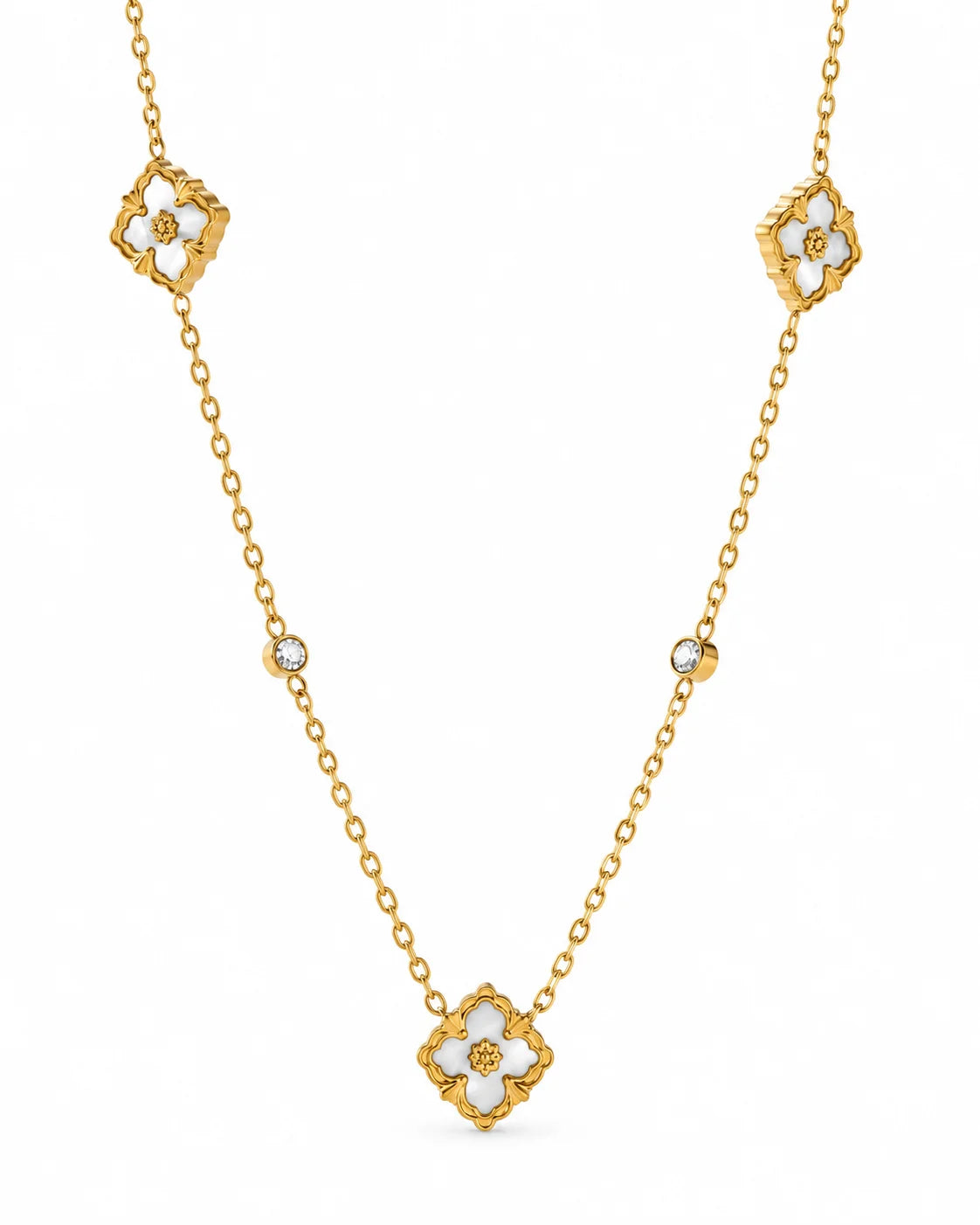 Goldene Kleeblatt Halskette mit weißer Einlage und Zirkonia