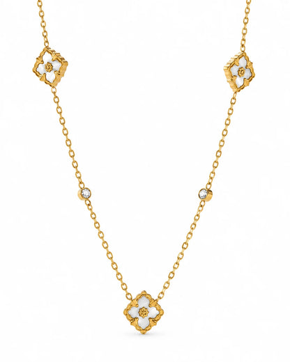 Goldene Kleeblatt Halskette mit weißer Einlage und Zirkonia