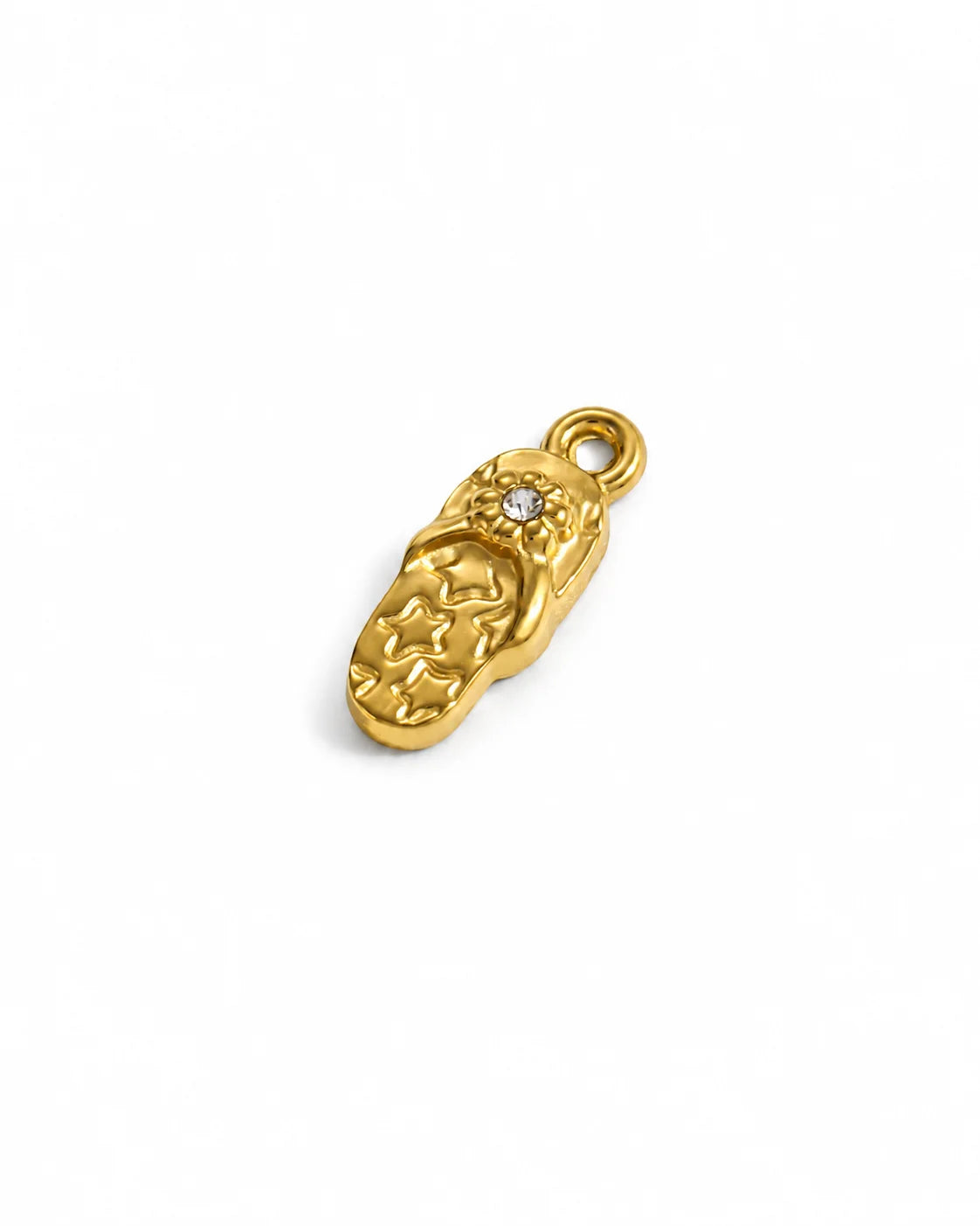 Goldener Anhänger aus 18K vergoldetem Titanstahl in Form eines Flip-Flops mit Sternenmuster auf der Sohle und einer kleinen Zirkonia-Blume auf dem Riemen für personalisierbare Armbänder und Ketten
