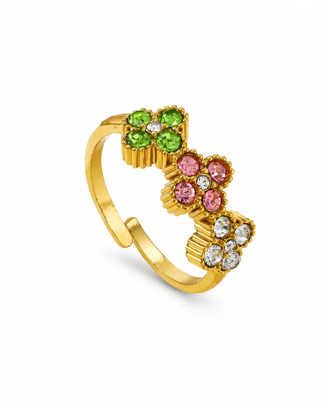 Mila Zirkonia Blumenring in Bunt mit grünen, rosa und klaren Blüten auf weißem Hintergrund