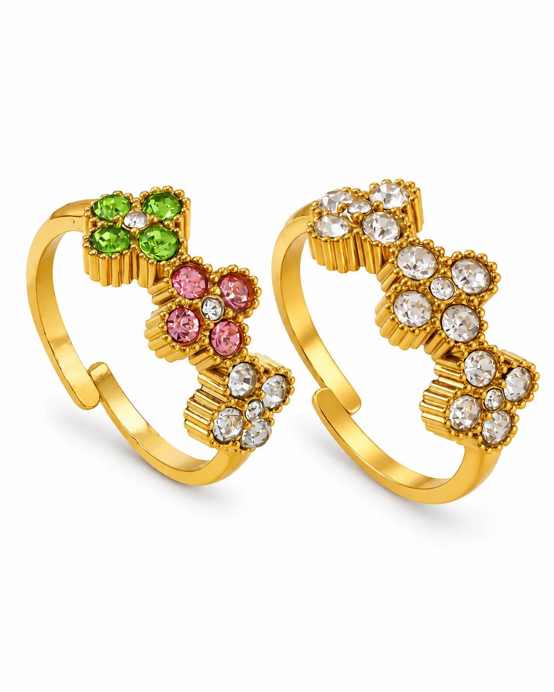 Mila Zirkonia Blumenring in Bunt und Klar aus goldfarbenem Edelstahl mit verstellbarer Ringschiene