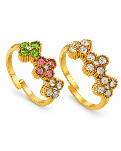 Mila Zirkonia Blumenring in Bunt und Klar aus goldfarbenem Edelstahl mit verstellbarer Ringschiene