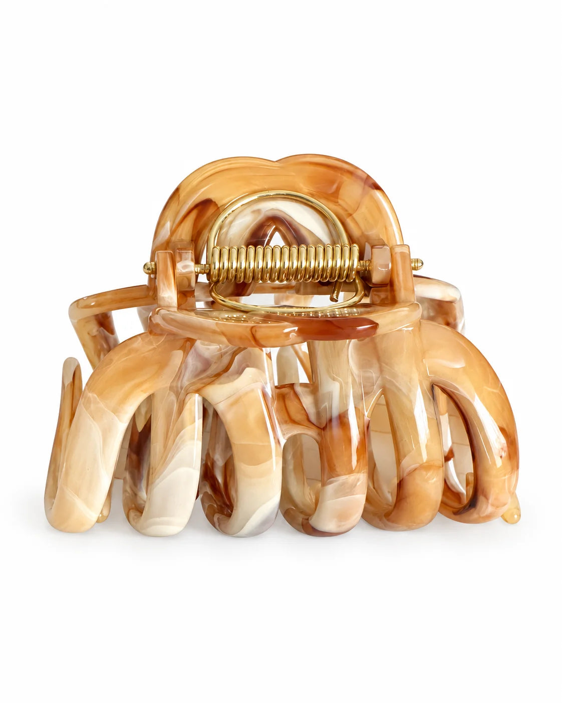 Beige-braune Mira Marmor Haarkralle mit offenen Zinken und goldfarbenem Federverschluss