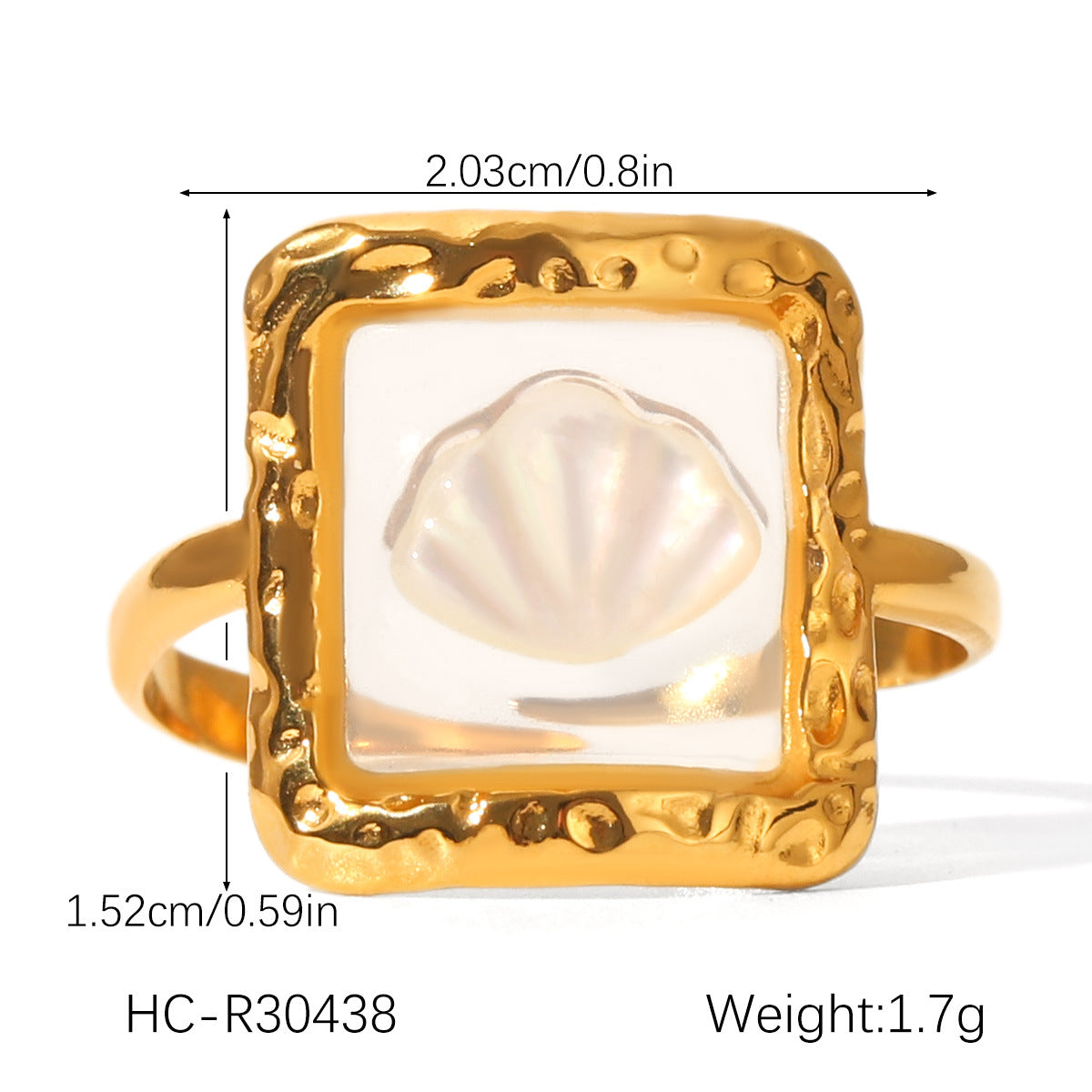 Goldener Rahmenring mit eingelegter Muschel – Epoxidharz, maritimes Design, verstellbar