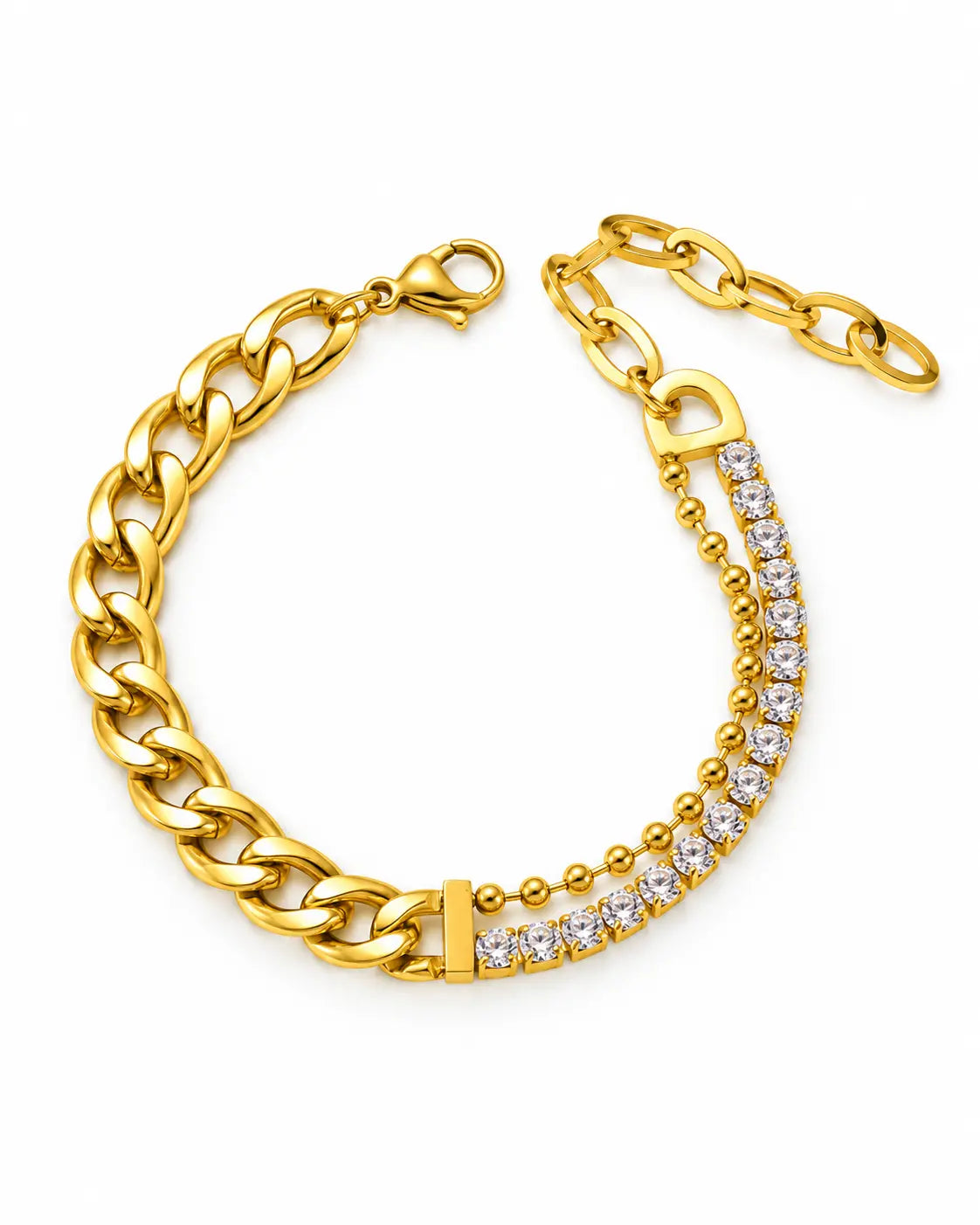 Goldenes Nerina Zirkonia Armband aus 18K-vergoldetem Edelstahl mit Panzerkette und feiner Kugelkette auf Weiß