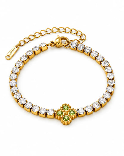 Goldenes Tennisarmband mit grünem Kleeblatt Zirkonia