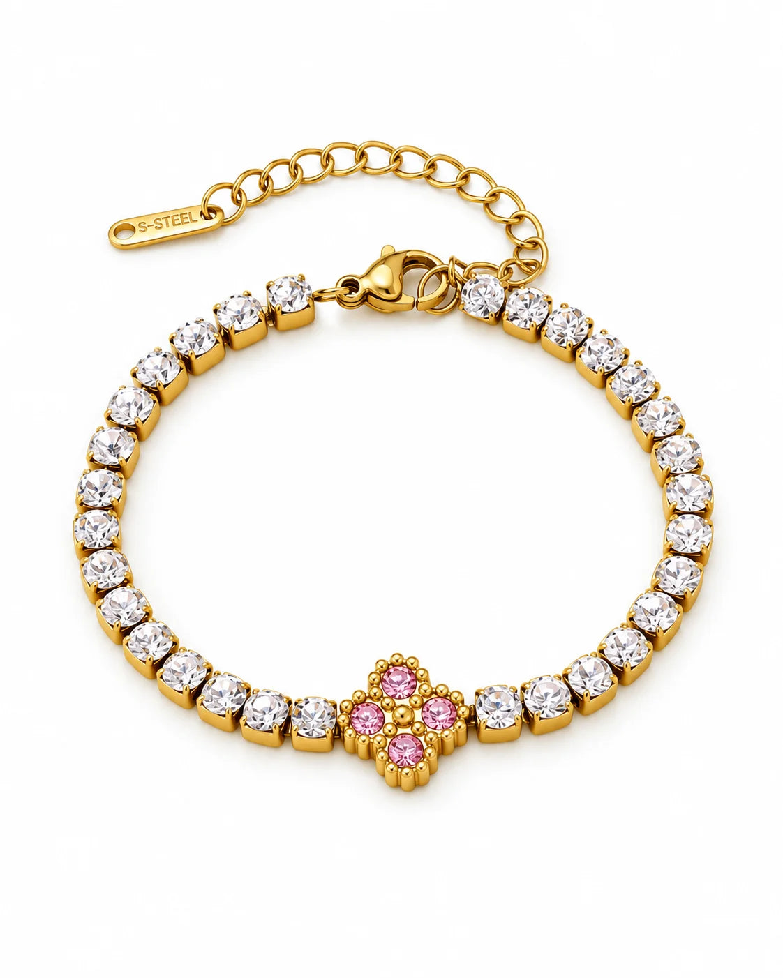 Goldenes Tennisarmband mit rosa Kleeblatt Zirkonia