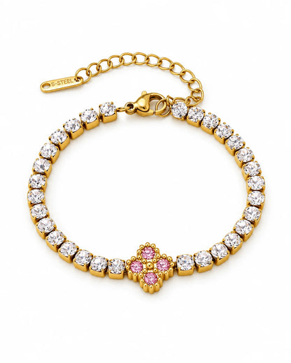 Goldenes Tennisarmband mit rosa Kleeblatt Zirkonia