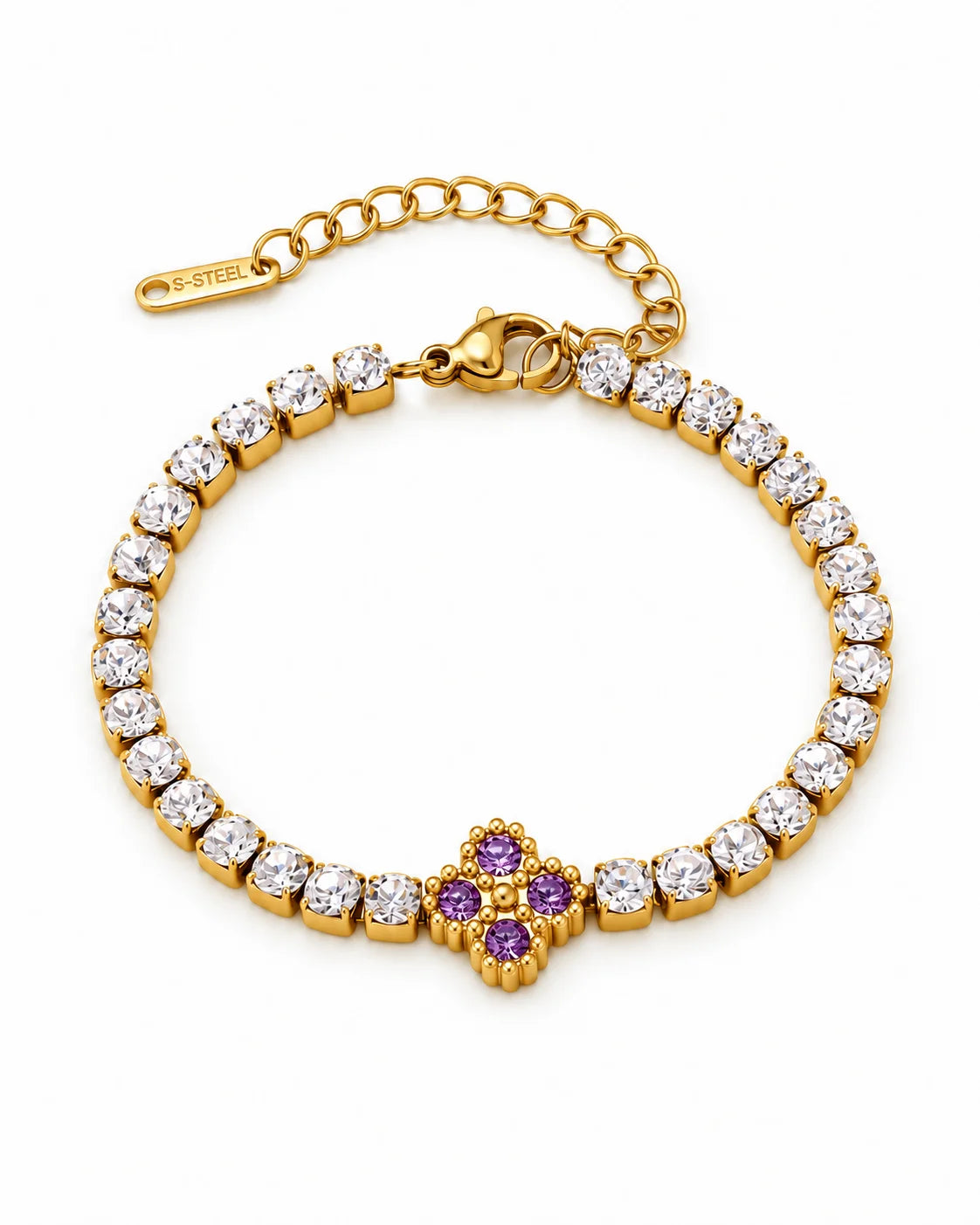 Goldenes Tennisarmband mit lila Kleeblatt Zirkonia