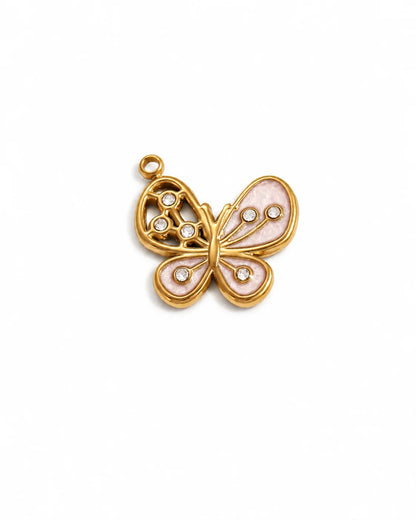 Odette Schmetterling Charm aus vergoldetem Titanstahl mit rosa Emaille und Zirkonia
