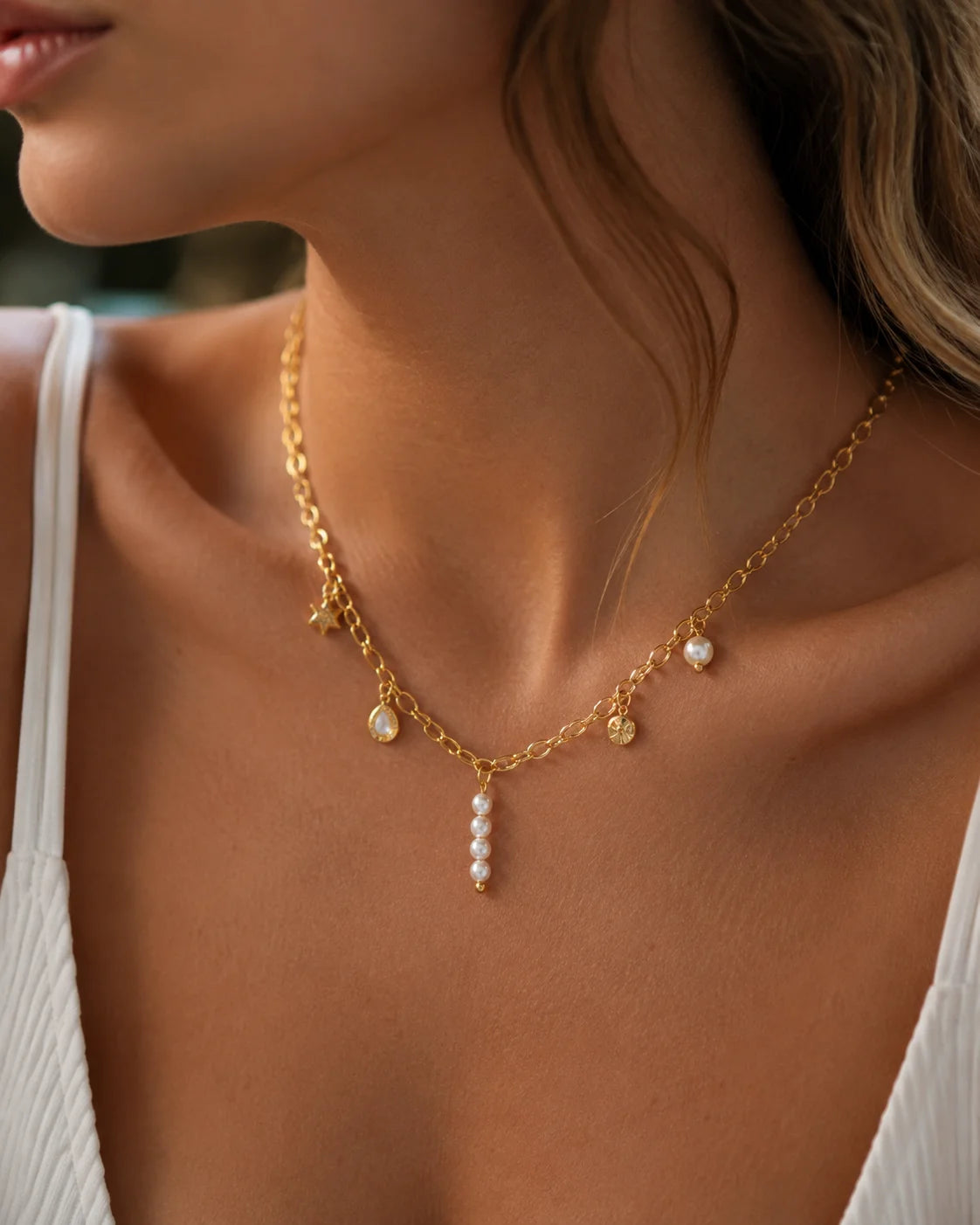 Goldener Anhänger aus 18K vergoldetem Titanstahl mit vier vertikal aufgereihten, weißen Kunstperlen und einer goldenen Abschlusskugel für personalisierbare Armbänder und Ketten