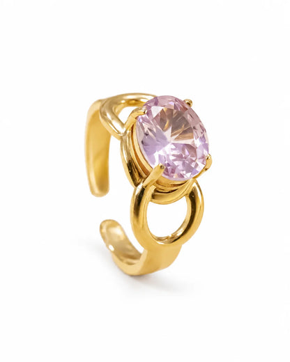 Pinker Zirkonia Ring aus 18K vergoldetem Titanstahl mit ovalem Stein