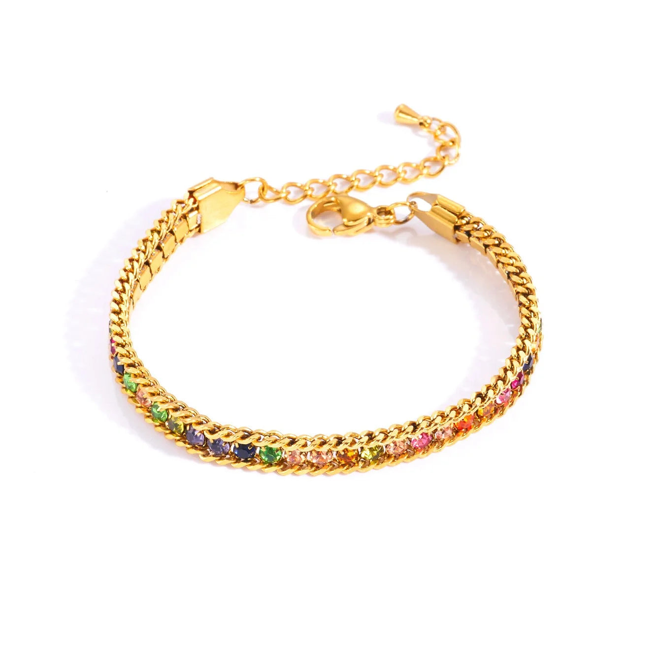 Jade's Regenbogen-Glanz Panzerarmband aus 18K vergoldetem Titanstahl mit bunten Zirkonia-Steinen