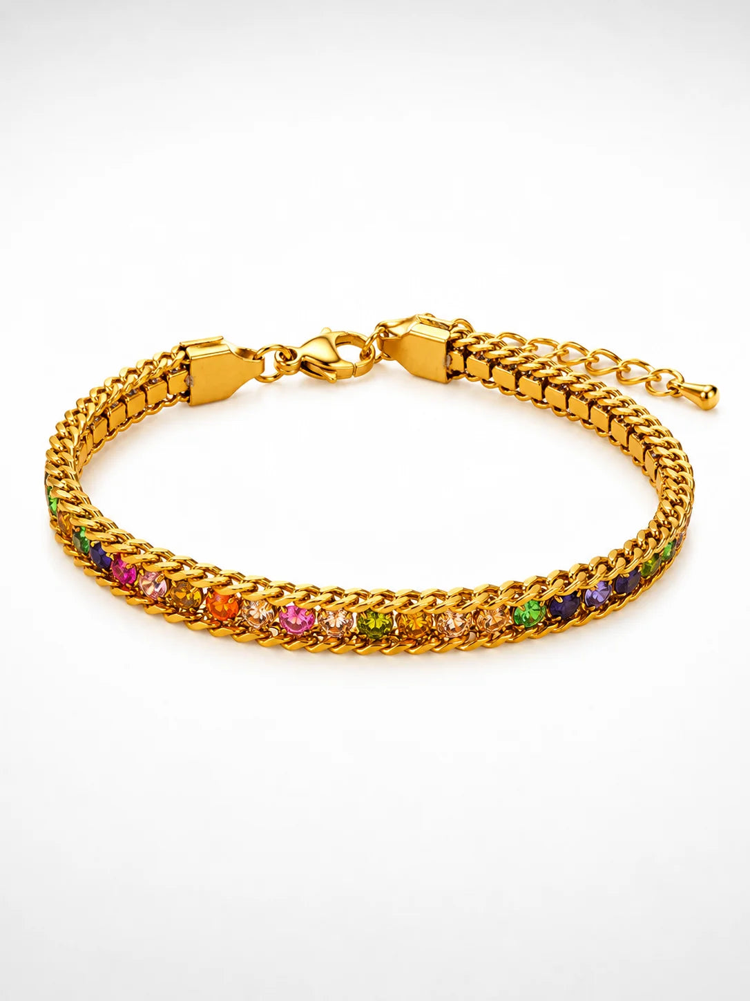 Jade's Regenbogen-Glanz Panzerarmband aus 18K vergoldetem Titanstahl mit bunten Zirkonia-Steinen