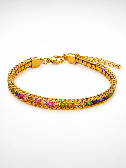 Jade's Regenbogen-Glanz Panzerarmband aus 18K vergoldetem Titanstahl mit bunten Zirkonia-Steinen
