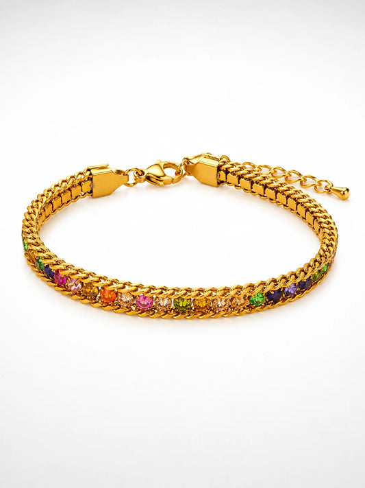 Jade's Regenbogen-Glanz Panzerarmband aus 18K vergoldetem Titanstahl mit bunten Zirkonia-Steinen