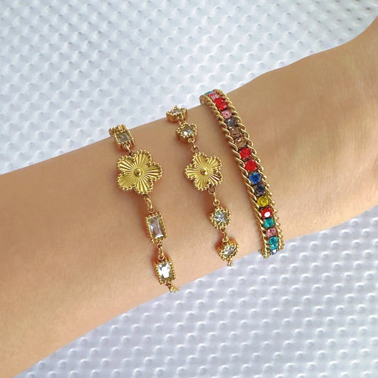 Jade's Regenbogen-Glanz Panzerarmband aus 18K vergoldetem Titanstahl mit bunten Zirkonia-Steinen