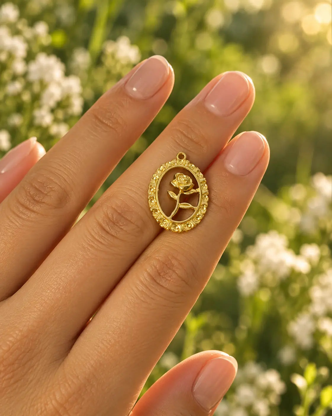 Goldener Rosalie Rosen Charm auf einer Hand vor blühendem Garten, Detailansicht des verzierten Ovalrahmens