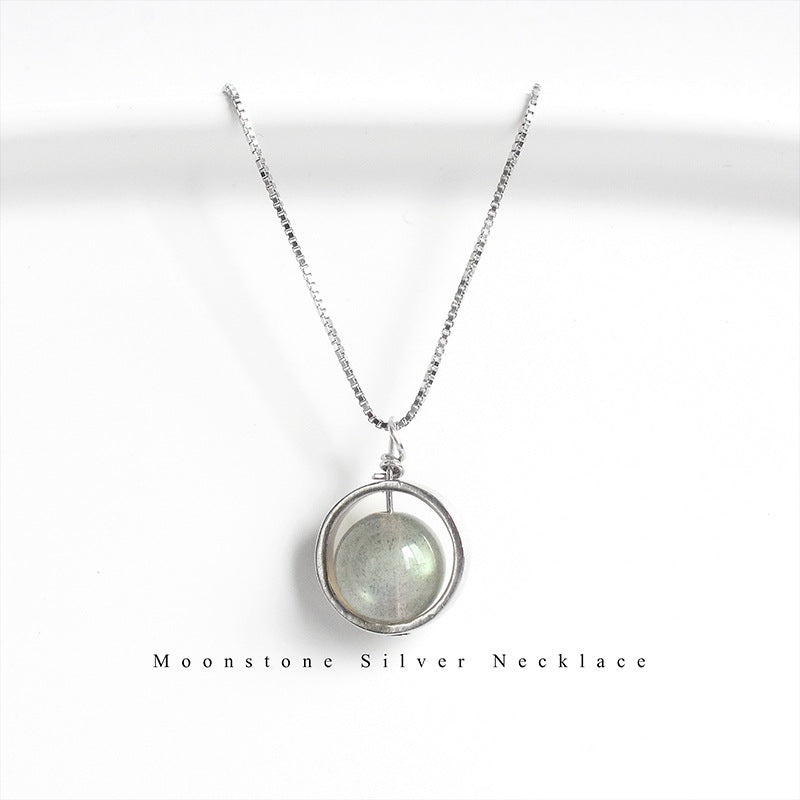 S925 Silber Damenkette mit rundem Mondstein-Anhänger im modernen Kreisdesign – eleganter Halsschmuck für Frauen