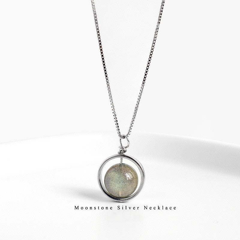 S925 Silber Damenkette mit rundem Mondstein-Anhänger im modernen Kreisdesign – eleganter Halsschmuck für Frauen