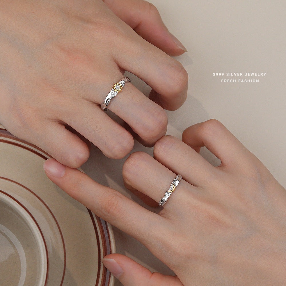 S999 Silber Partnerringe mit Sonne und Mond Symbol – verstellbare Größe