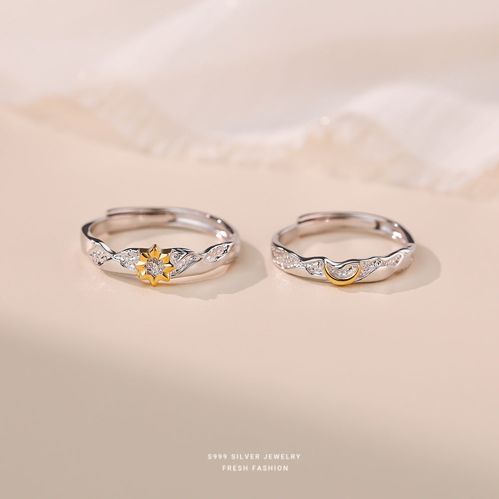 S999 Silber Partnerringe mit Sonne und Mond Symbol – verstellbare Größe