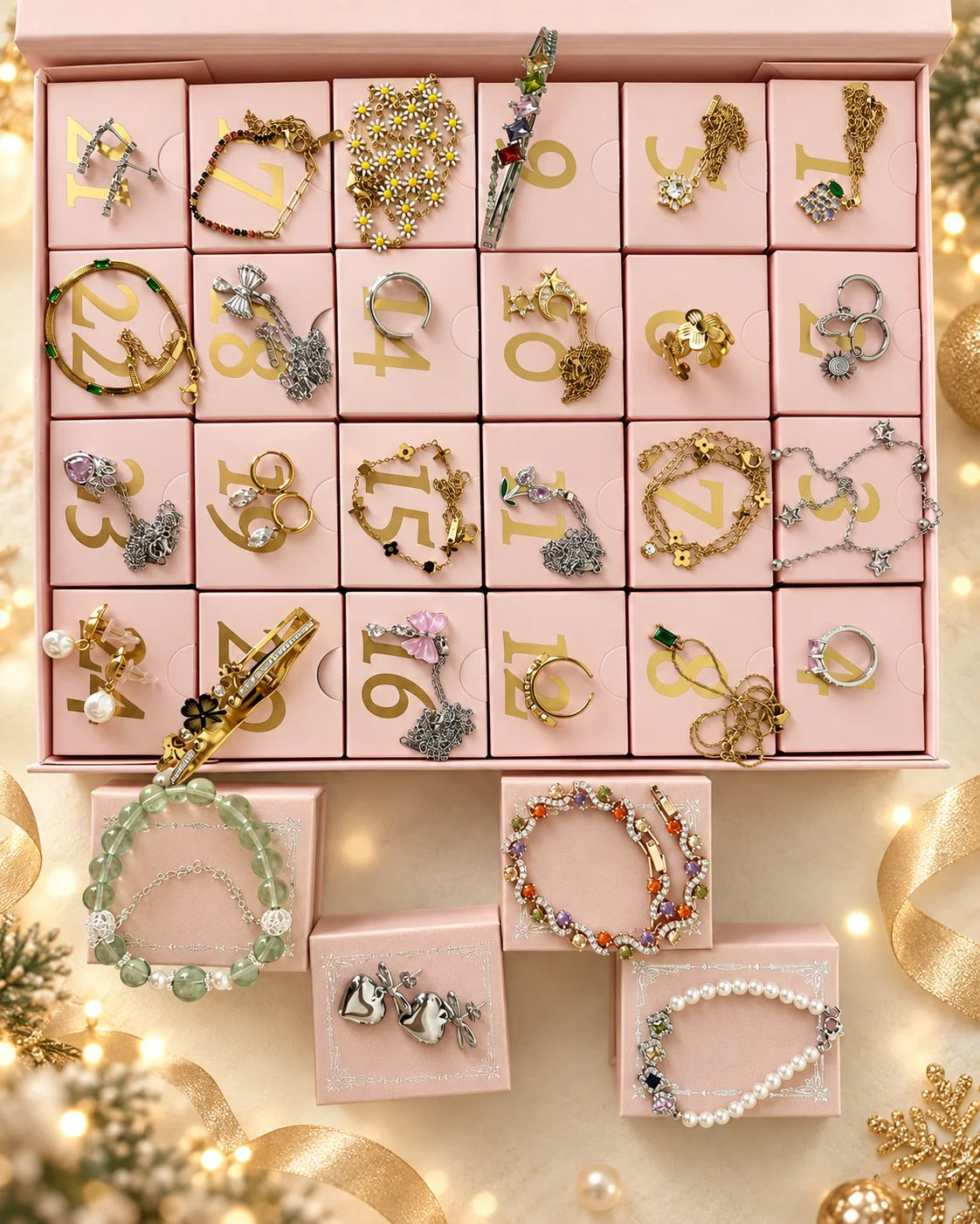 Geöffneter Schmuck Adventskalender mit 24 Fächern und vier zusätzlichen Schmuckbeispielen