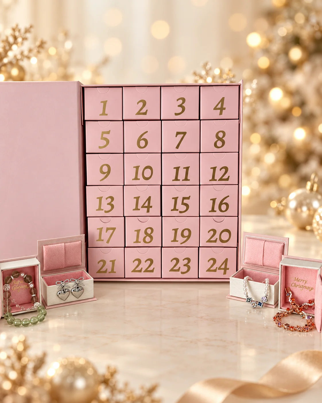 Geöffneter Schmuck Adventskalender mit 24 nummerierten Schubladen und vier Schmuckbeispielen