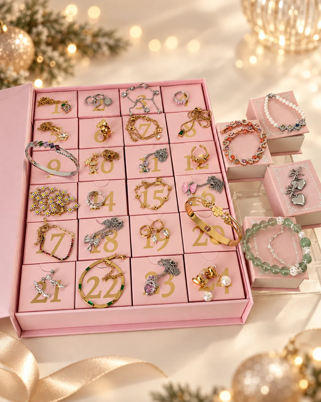 Schmuck Adventskalender mit geöffneten Schubladen, Beispielschmuck und vier zusätzlichen Überraschungen