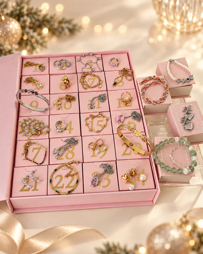 Schmuck Adventskalender mit geöffneten Schubladen, Beispielschmuck und vier zusätzlichen Überraschungen