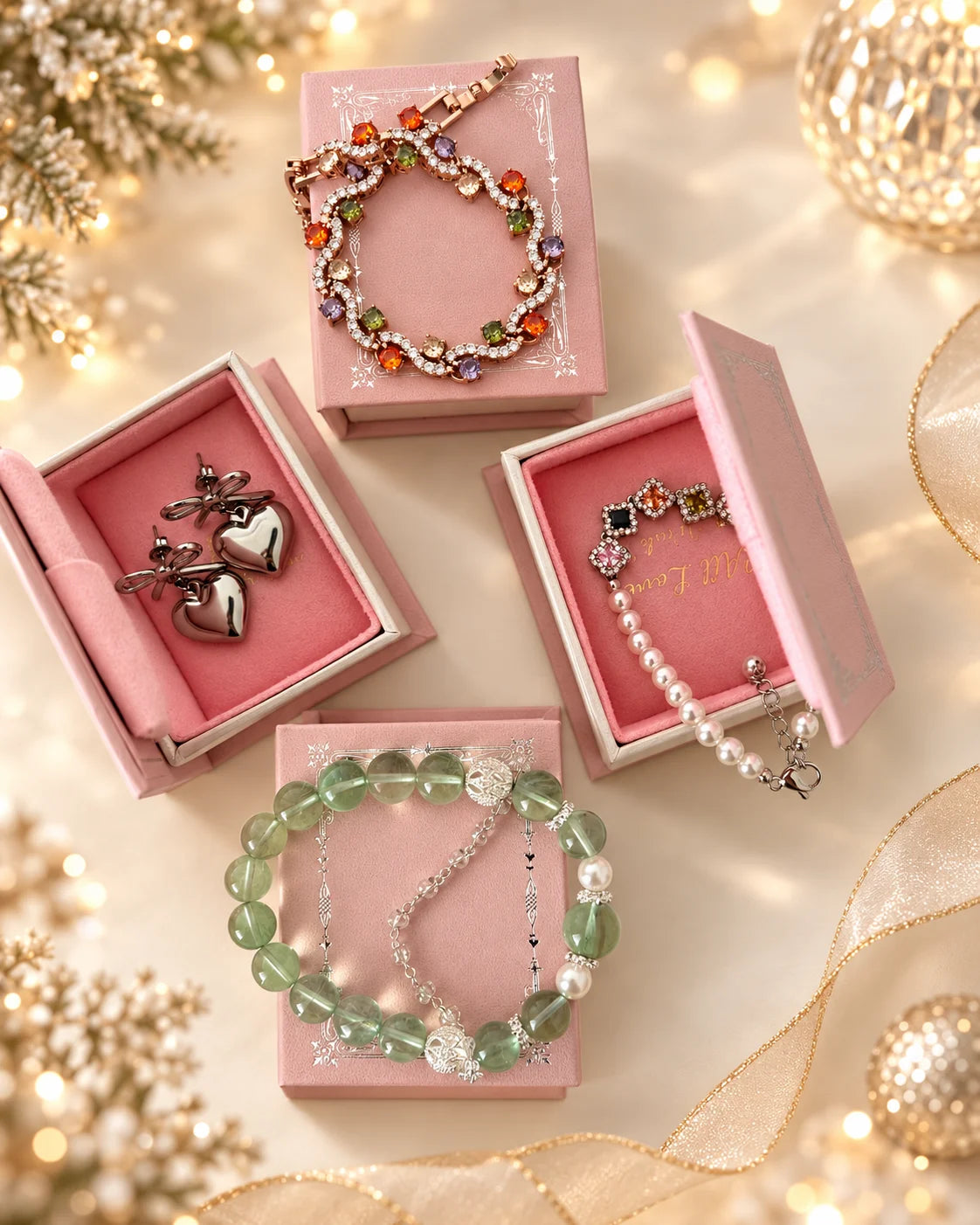 Vier mögliche Überraschungsschmuckstücke mit Ohrringen und Armbändern in rosa Schmuckboxen