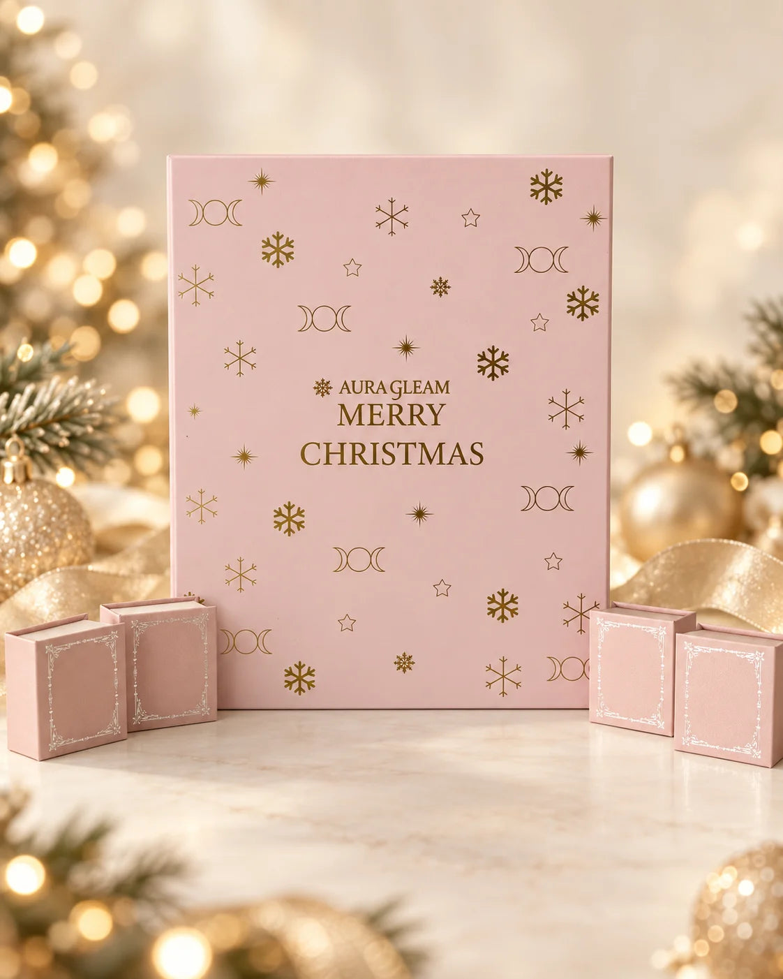 Rosa AuraGleam Schmuck Adventskalender mit goldenen Weihnachtsmotiven und vier Geschenkboxen