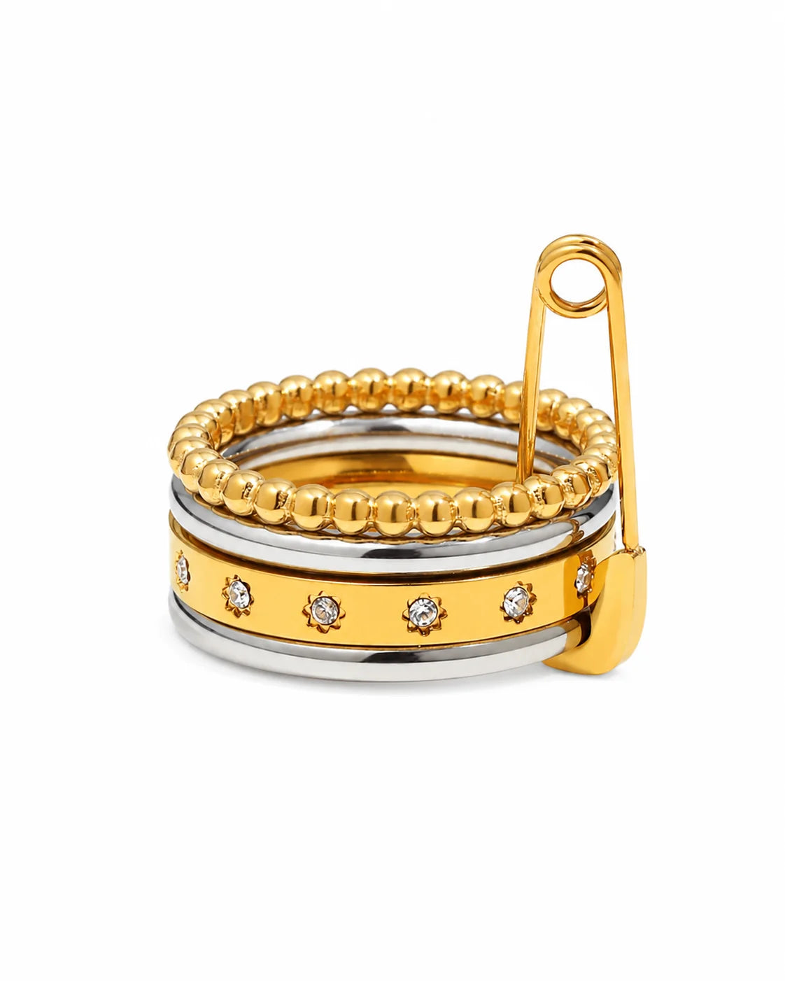 Sicherheitsnadel Layering Ring aus 18K vergoldetem Titanstahl mit Zirkonia